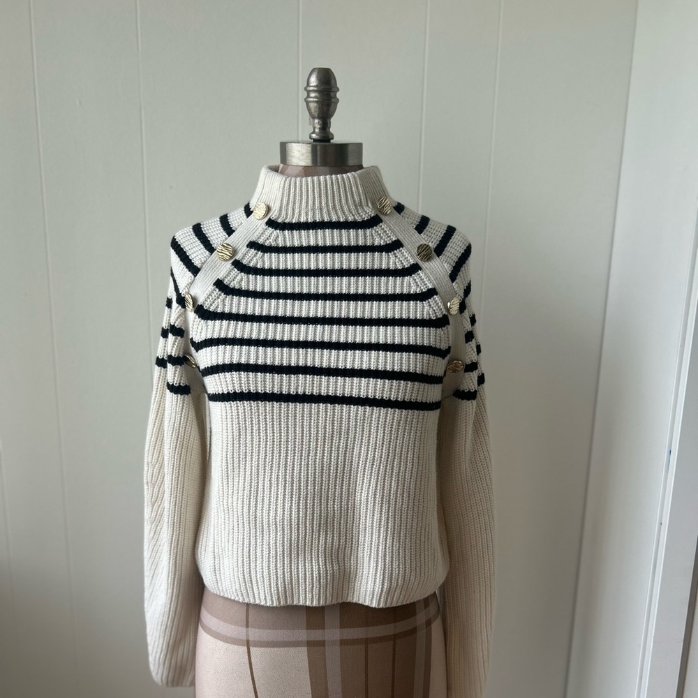 H&M White & Black Stripes, Gold accent buttons XS Turtleneck Sweater